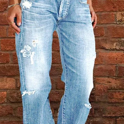 👖 50 % RABATT NU! 🔥 Slim fit-jeans med utsvängda ben i sliten stil för dam – Stretchig denim och vintage-look – Slitna detaljer, smickrande passform – perfekta för avslappnade dagar eller en tuff streetstyle ✨