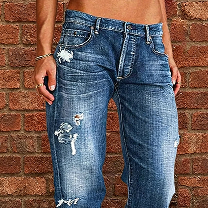 👖 50 % RABATT NU! 🔥 Slim fit-jeans med utsvängda ben i sliten stil för dam – Stretchig denim och vintage-look – Slitna detaljer, smickrande passform – perfekta för avslappnade dagar eller en tuff streetstyle ✨