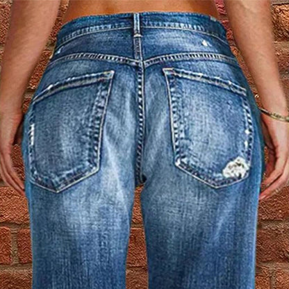 👖 50 % RABATT NU! 🔥 Slim fit-jeans med utsvängda ben i sliten stil för dam – Stretchig denim och vintage-look – Slitna detaljer, smickrande passform – perfekta för avslappnade dagar eller en tuff streetstyle ✨