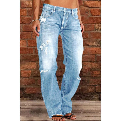 👖 50 % RABATT NU! 🔥 Slim fit-jeans med utsvängda ben i sliten stil för dam – Stretchig denim och vintage-look – Slitna detaljer, smickrande passform – perfekta för avslappnade dagar eller en tuff streetstyle ✨