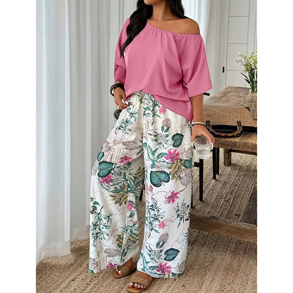 🔥 50% RABATT ✨ 2-delat set för dam med axelbar topp & mönstrade byxor 👖 Elegant, luftigt och perfekt för sommarens alla tillfällen ☀️