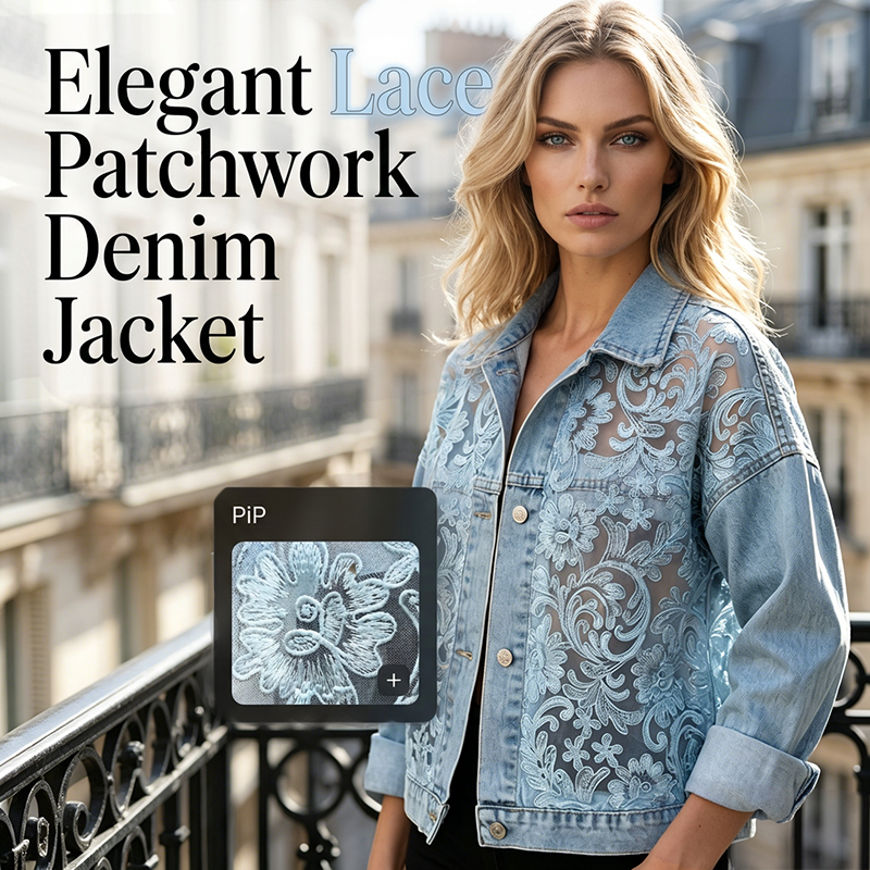 🌸 Elegant denimjacka med blommiga spetspaneler