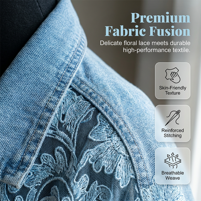 🌸 Elegant denimjacka med blommiga spetspaneler