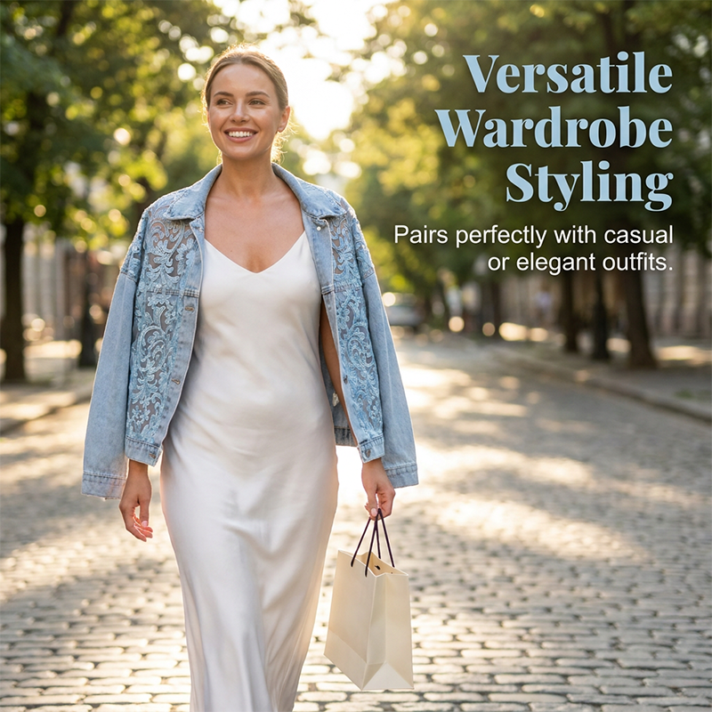 🌸 Elegant denimjacka med blommiga spetspaneler