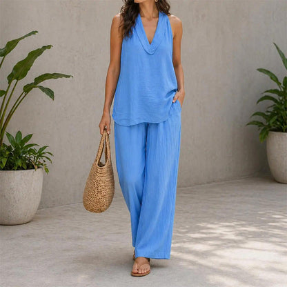 👚【LIMITERAD TID – 50 % RABATT】🌿 Bekvämt sommarset med V-ringning – sval bomullsblandning, ledig passform & perfekt för varma dagar ✨