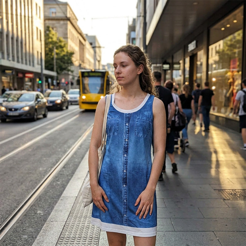 🔥 50% RABATT 👗 Klänning i tvådelat utförande med denimtryck (imitation) ✨ Trendig lager-på-lager-look med elegant passform & bekväm känsla hela dagen 💙