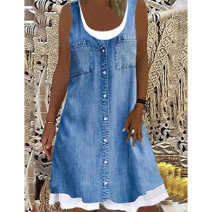 🔥 50% RABATT 👗 Klänning i tvådelat utförande med denimtryck (imitation) ✨ Trendig lager-på-lager-look med elegant passform & bekväm känsla hela dagen 💙