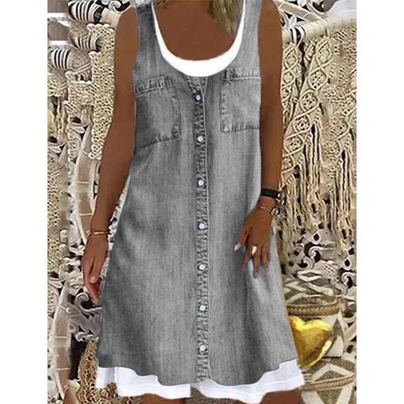 🔥 50% RABATT 👗 Klänning i tvådelat utförande med denimtryck (imitation) ✨ Trendig lager-på-lager-look med elegant passform & bekväm känsla hela dagen 💙