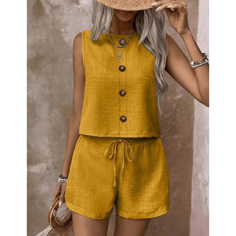 👚🩳 Avslappnat sommarcrop-set med knappar och dragsko