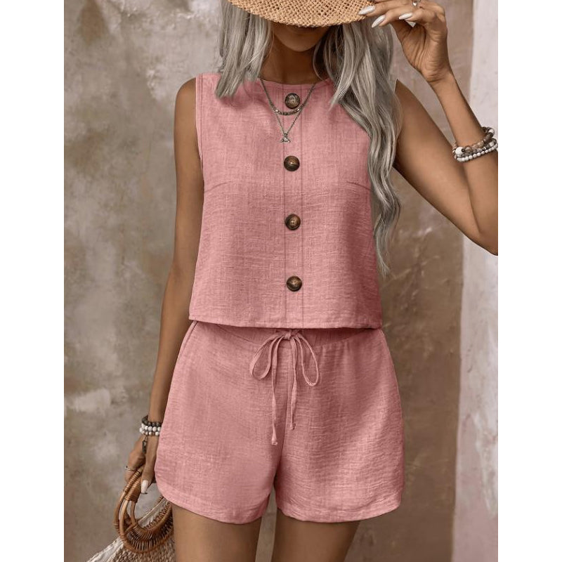 👚🩳 Avslappnat sommarcrop-set med knappar och dragsko