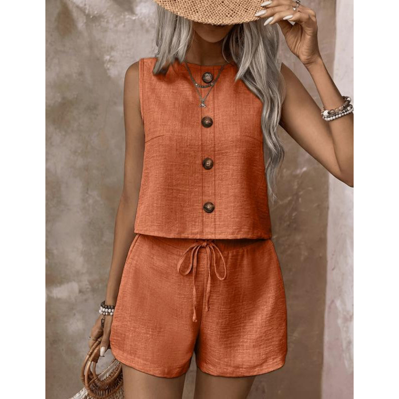 👚🩳 Avslappnat sommarcrop-set med knappar och dragsko
