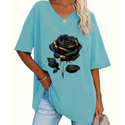 🔥 50% RABATT 🌹 Avslappnad V-ringad rosprint T-shirt för plus size
