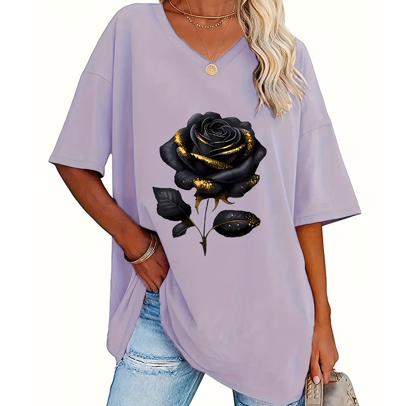 🔥 50% RABATT 🌹 Avslappnad V-ringad rosprint T-shirt för plus size