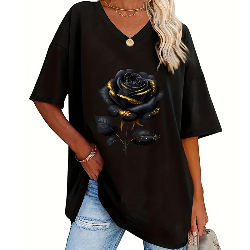 🔥 50% RABATT 🌹 Avslappnad V-ringad rosprint T-shirt för plus size