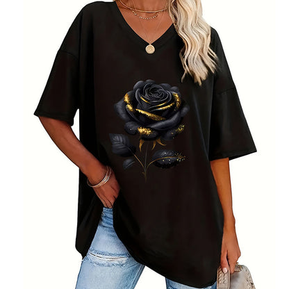 🔥 50% RABATT 🌹 Avslappnad V-ringad rosprint T-shirt för plus size