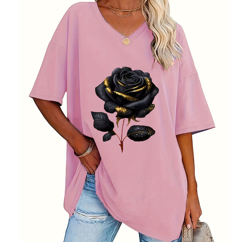 🔥 50% RABATT 🌹 Avslappnad V-ringad rosprint T-shirt för plus size