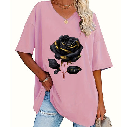 🔥 50% RABATT 🌹 Avslappnad V-ringad rosprint T-shirt för plus size