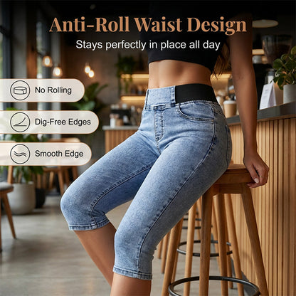 🔥 50% RABATT 👖 Högmidjade denim capribyxor för dam ✨ Bekväm elastisk midja, smickrande passform & perfekt för sommaren ☀️