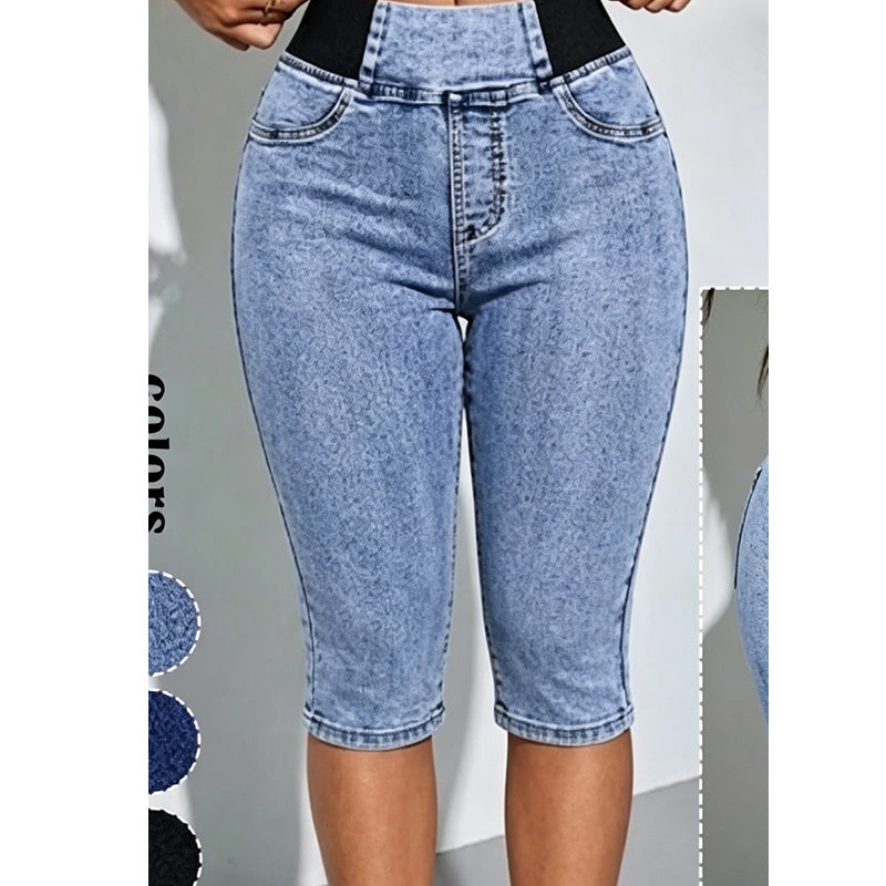 🔥 50% RABATT 👖 Högmidjade denim capribyxor för dam ✨ Bekväm elastisk midja, smickrande passform & perfekt för sommaren ☀️