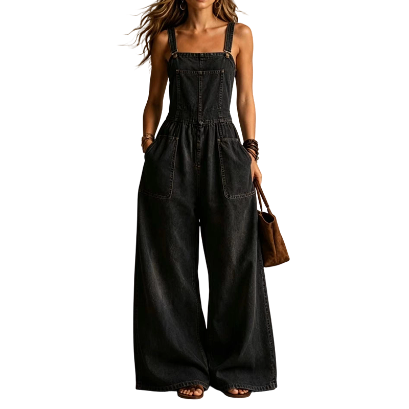 👖✨ Avslappnad vintage jeansoverall med vida ben och fickor