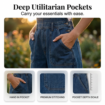 👖✨ Avslappnad vintage jeansoverall med vida ben och fickor
