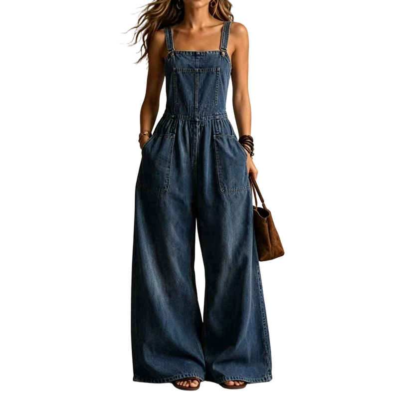 👖✨ Avslappnad vintage jeansoverall med vida ben och fickor