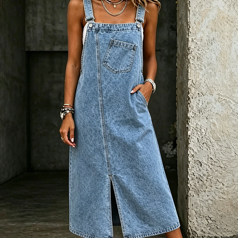 👗 Denim overallklänning med slits och remmar