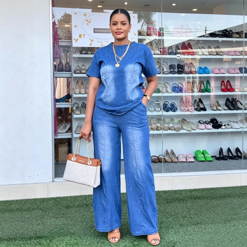 👖✨ Avslappnat denim tvådelat set med vida ben