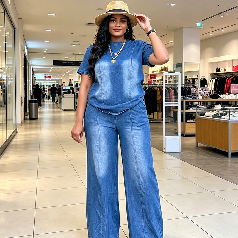 👖✨ Avslappnat denim tvådelat set med vida ben