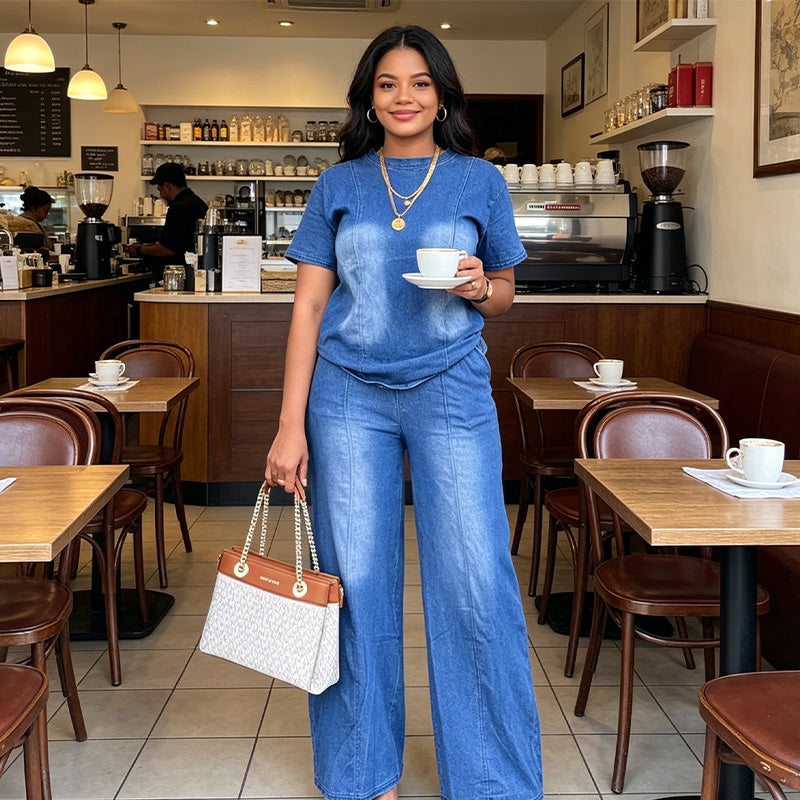 👖✨ Avslappnat denim tvådelat set med vida ben