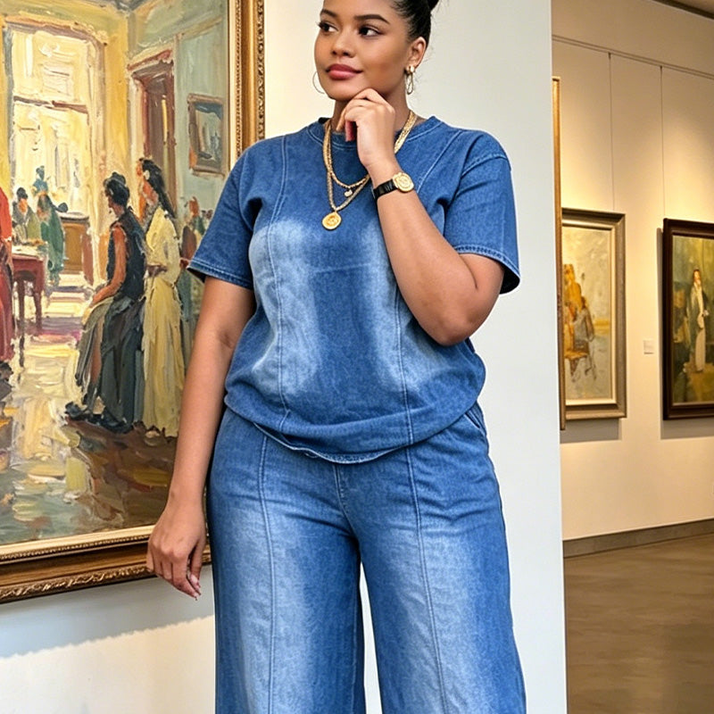 👖✨ Avslappnat denim tvådelat set med vida ben