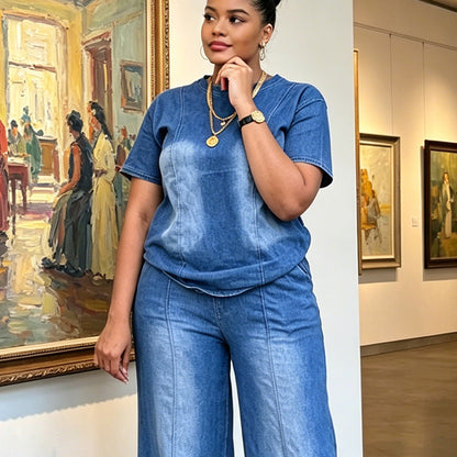 👖✨ Avslappnat denim tvådelat set med vida ben