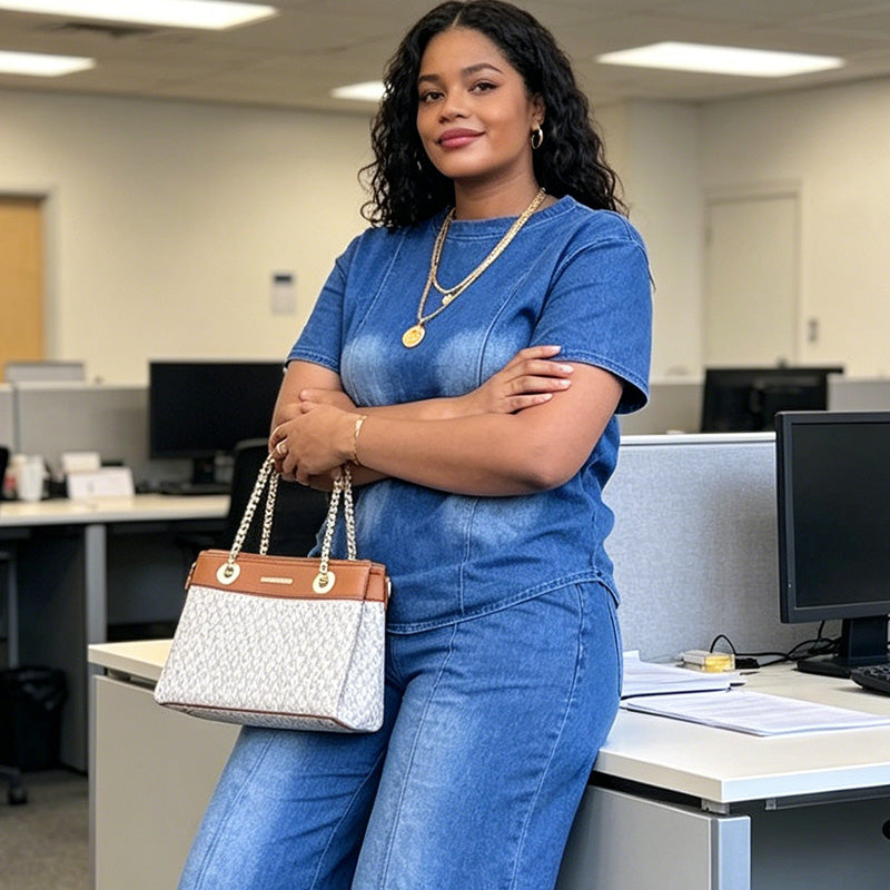 👖✨ Avslappnat denim tvådelat set med vida ben
