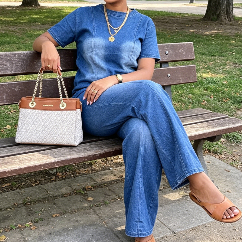 👖✨ Avslappnat denim tvådelat set med vida ben