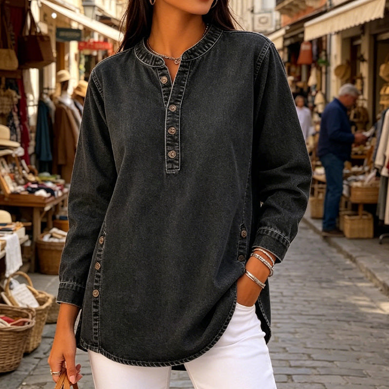 👕✨ Avslappnad V-ringad denimskjorta med knappar