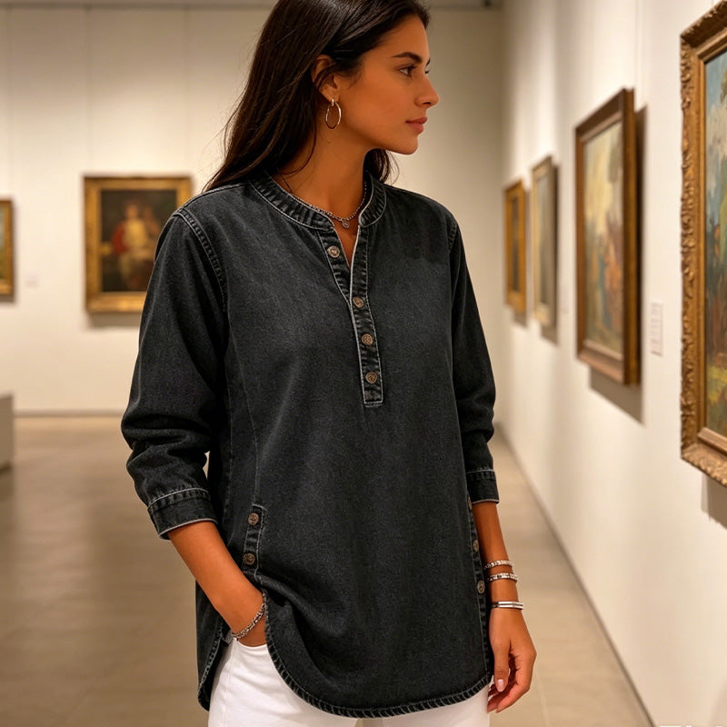 👕✨ Avslappnad V-ringad denimskjorta med knappar