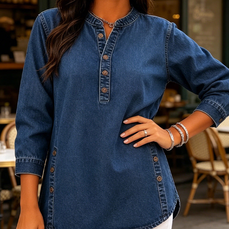 👕✨ Avslappnad V-ringad denimskjorta med knappar