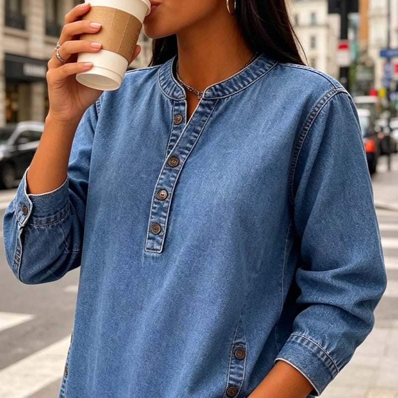 👕✨ Avslappnad V-ringad denimskjorta med knappar