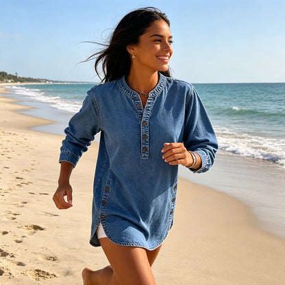 👕✨ Avslappnad V-ringad denimskjorta med knappar
