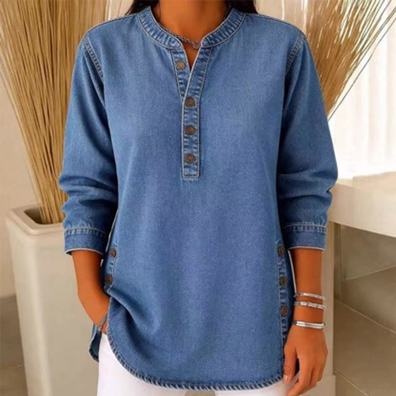 👕✨ Avslappnad V-ringad denimskjorta med knappar