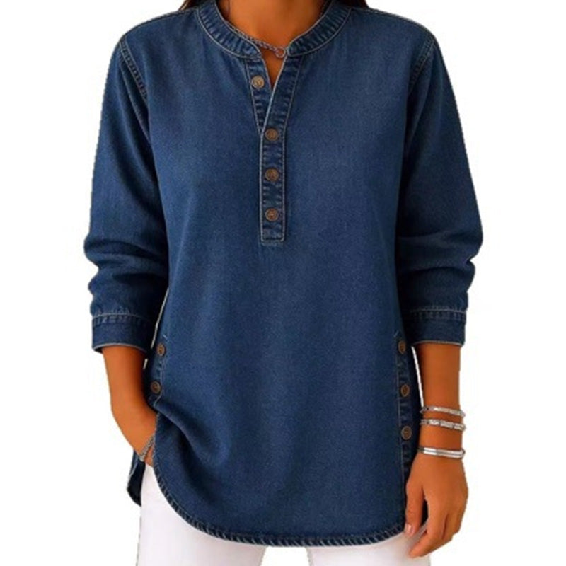👕✨ Avslappnad V-ringad denimskjorta med knappar