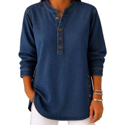 👕✨ Avslappnad V-ringad denimskjorta med knappar