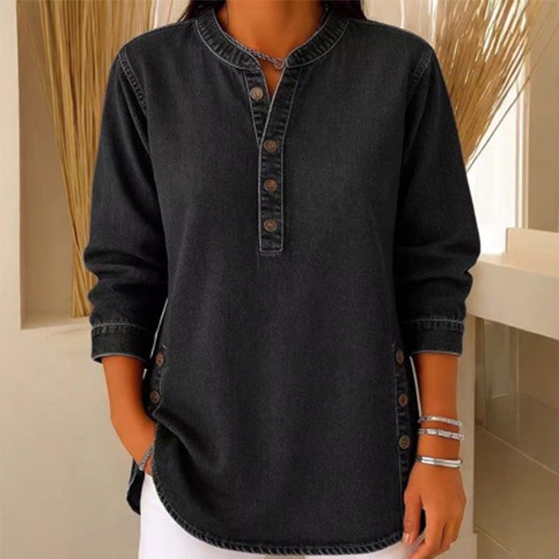 👕✨ Avslappnad V-ringad denimskjorta med knappar