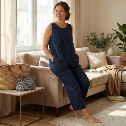 Set med asymmetrisk topp och byxor med vida ben för damer
