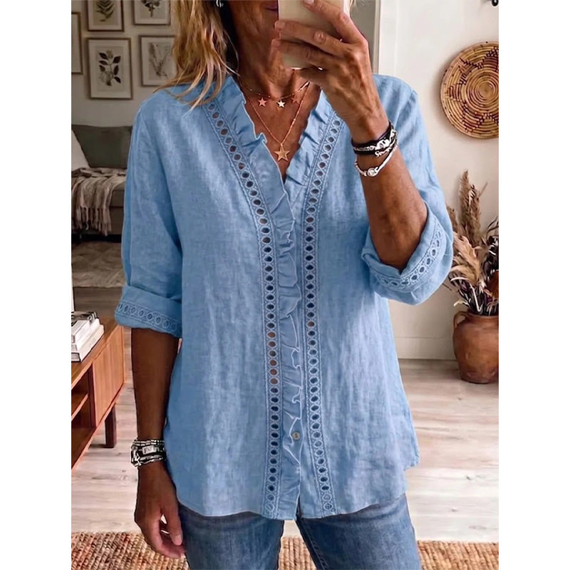 👚🌸 Avslappnad V-ringad spetsblus med knappar