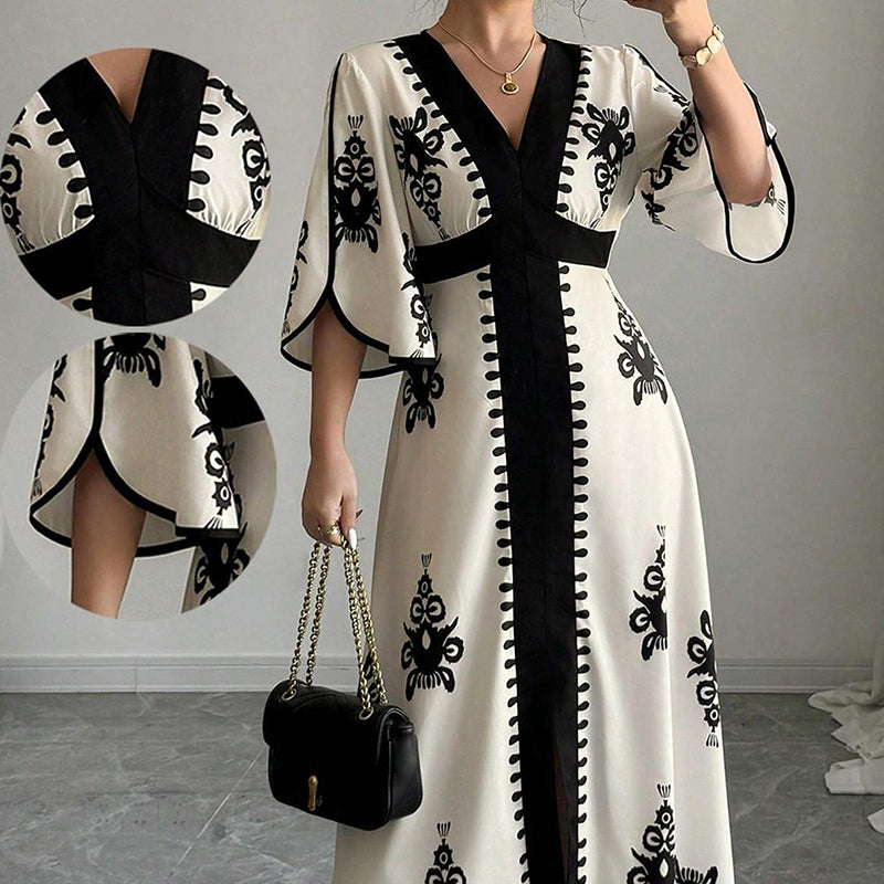 👗Elegant maxiklänning med V-ringning och mönster för damer