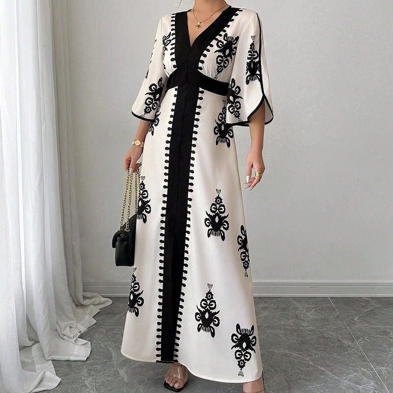 👗Elegant maxiklänning med V-ringning och mönster för damer