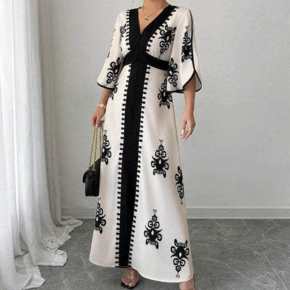 👗Elegant maxiklänning med V-ringning och mönster för damer