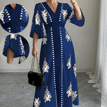 👗Elegant maxiklänning med V-ringning och mönster för damer