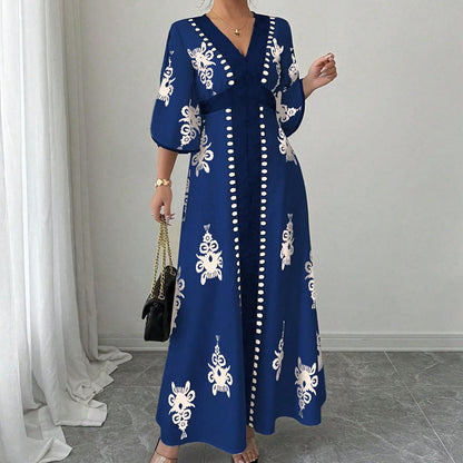 👗Elegant maxiklänning med V-ringning och mönster för damer